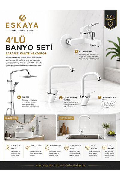 ESHOME Beyaz 4'lü Set Banyo - Lavabo - Mutfak Bataryası ve Robot Duş Seti