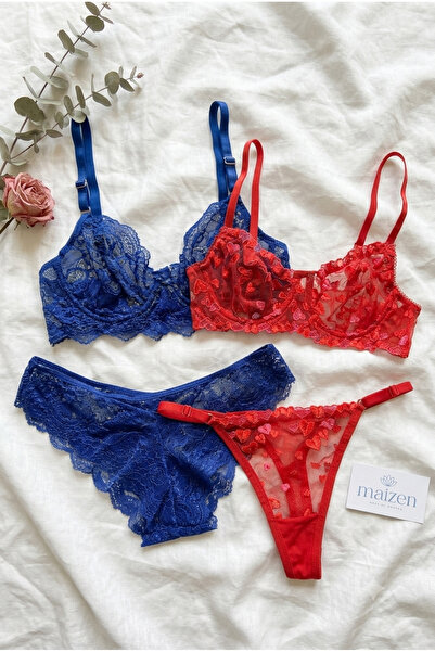 MAİZEN 2-Piece Bra Set Red Heart and Navy Blue Lace Brazilian Panty Women's L...