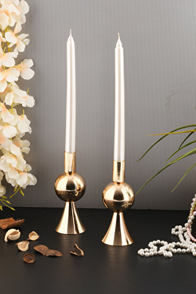 TR Turan Collection Pare 2'li Şamdan Seti Küçük Gold Renk Dekoratif Metal Mumluk