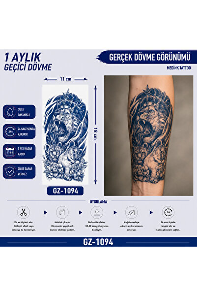 medink tattoo 1 Ay Kalıcı Sonradan Kararan 11X 18 cm Aslanlar model geçici dö...