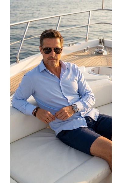 MEGALDİ Erkek Slim Fit Viskon Mavi Uzun Kollu Gömlek