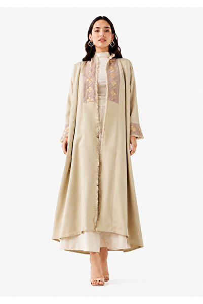 Azria Fashion عباية مفتوحة مطرزة باللون البيج – تصميم مريح AZ 2.5