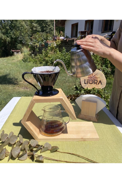Lioracommerce Ahşap V60 Kahve Demleme Dripper Seti, Kahve Pot ve Filtre Kağıd...