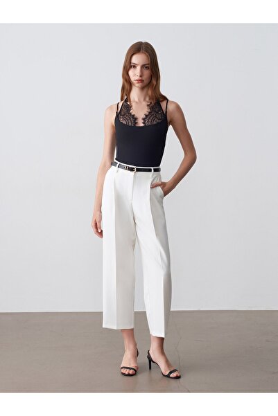Dilvin 72638 Kemerli Pensli Pantolon-Beyaz