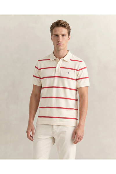 Gant Erkek Krem Regular Fit Çizgili Logolu Polo Yaka T-Shirt