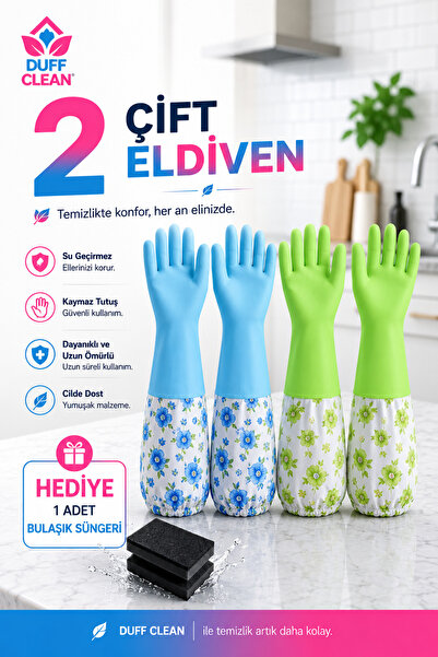 DUFF CLEAN L BEDEN 2 Çift Uzun Kollu Bulaşık Eldiveni + Sünger Hediyeli