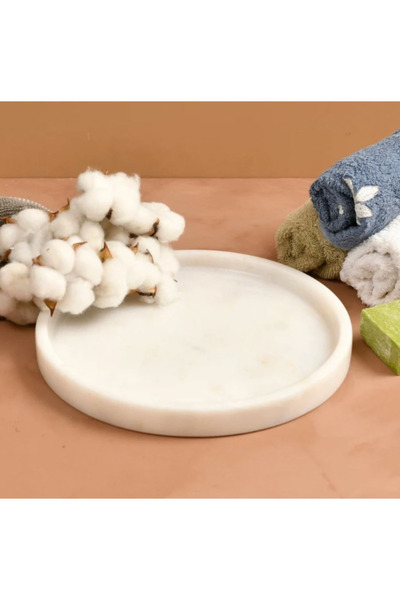 Urestone Natural Marble Round Tray - White Marble 26 cm Tray - Bathroom Organizer - Presentation Plate