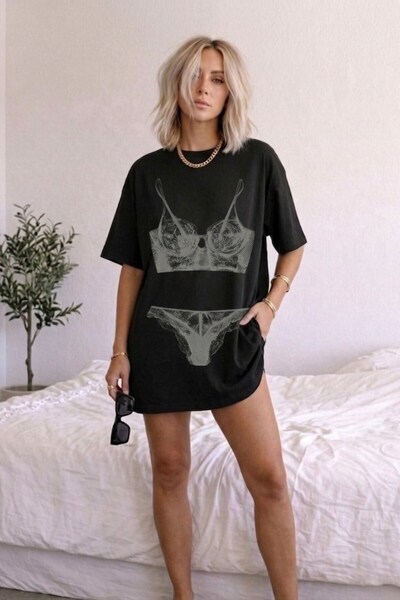 GIA - ART Lenjerie intimă pentru femei Double Oversize Rouge, imprimată, neag...