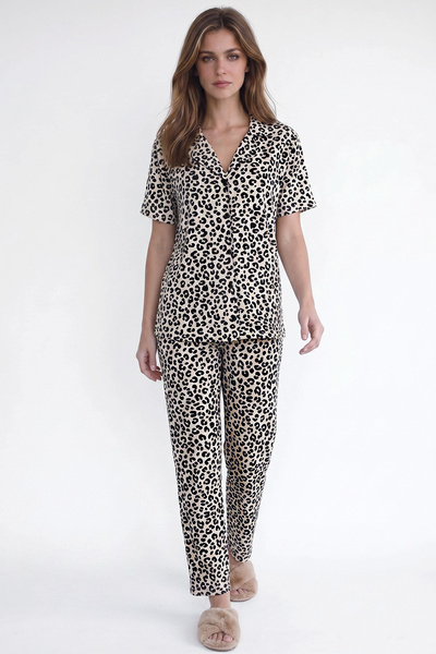 Kompedan Kadın Düğmeli Leopar Desen Kısa Kollu Pijama Takımı