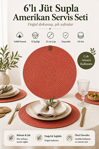 Fabrix Home 6-Piece Jute Supla American Service Set Brick Color Bohemian Tabl...