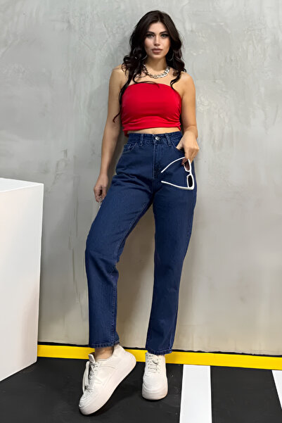 TOFİSA Απλό μεσαίο γυναικείο σκούρο μπλε Slim Fit Mom Jeans - 13360