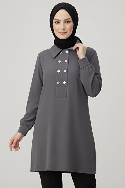 TOFİSA Button Detailed Modal Tunic - 28041-Fume