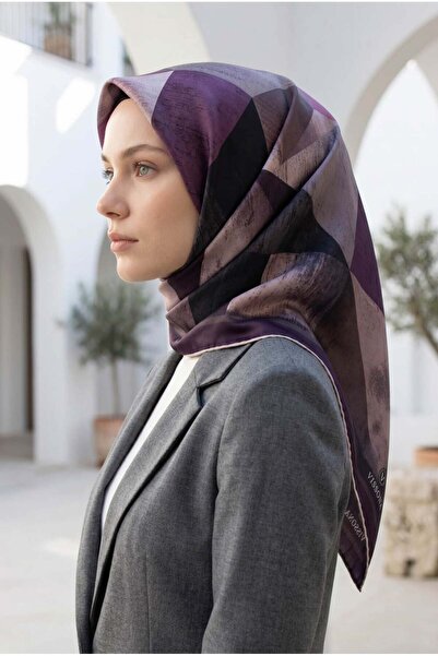 Vissona 100% Twill Silk με γεωμετρικό σχέδιο σε γκρι - χρώμα Dusty Rose 90x90...