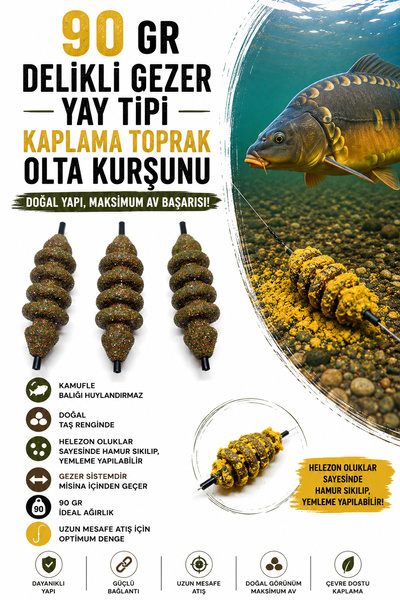 sr sazanrig Kaplama Gezer Yay Tipi Delikli Olta Kurşunu Toprak 90 Gr (3 Adet)