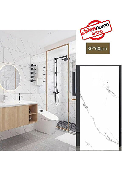 BienHome 30x60 Cm Beyaz Mermer Desenli Kendinden Yapışkanlı Seramik Köpük Ban...