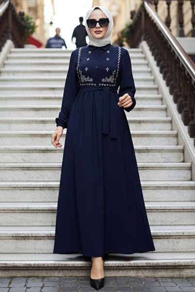 N.S NEVA STYLE Pattern Detail Navy Blue Modest Dress 10304L
