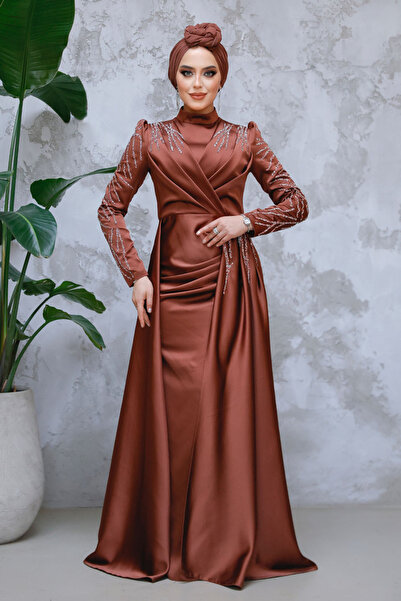 Neva Style Kuyruklu Koyu Kahverengi Tesettür Abiye Elbise 43381KKH