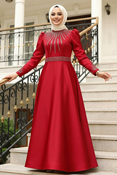 Neva Style Beaded Burgundy Satin Hijab Evening Dress 22840Br