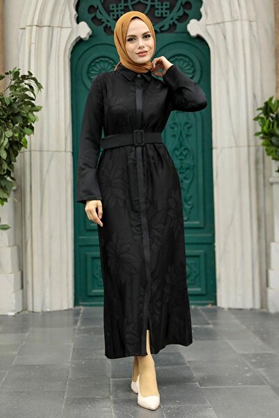 Neva Style فستان حجاب أسود بتفاصيل زهور 1447S