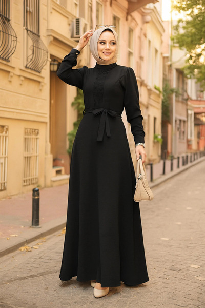 Neva Style فستان أسود محتشم بحزام 6621S