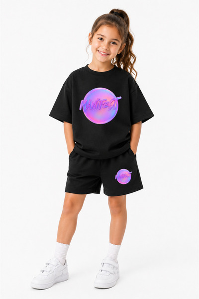 fasardi Manifest Girls Logo Baskılı Oversize %100 Pamuk Tişört Şort 2li Çocuk...