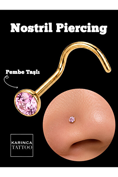 Karınca Piercing Pembe Taşlı Nostril Piercing Gold Altın Rengi Burun Piercingi
