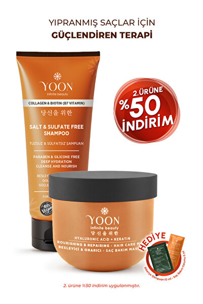 YOON Vegan Tuzsuz Şampuan & Saç Bakım Maskesi 250ml, Hyaluronik Asit, Keratin...