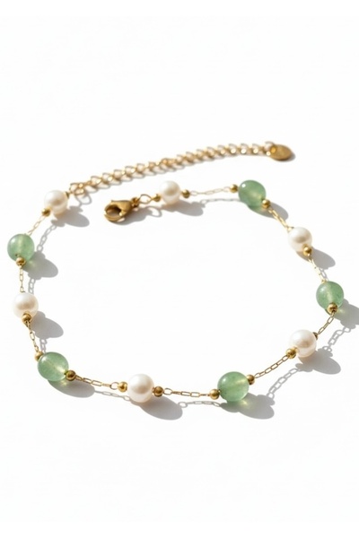 Siya Silver Green Agate Natural Stone Pearl Steel Anklet
