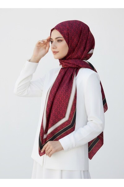 Vissona %100 Saf İpek Şal İnce Saten Vual Dokuma Monogram Desenli Bordo - Siy...