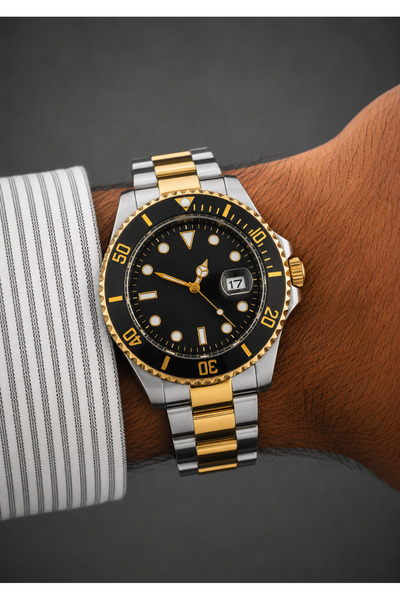 İSTLİV Erkek Gümüş- Gold Renk Siyah Kadran Rolex Modeli Çelik Kasa Kol Saati
