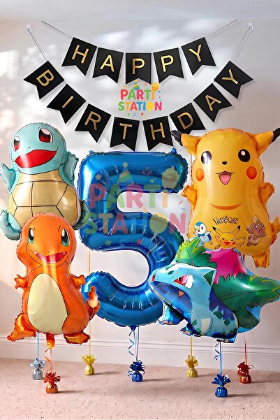 Parti Station Pokemon Konsept 5 Yaş Doğum Günü Balon Set Pokemon Pikachu Bulb...