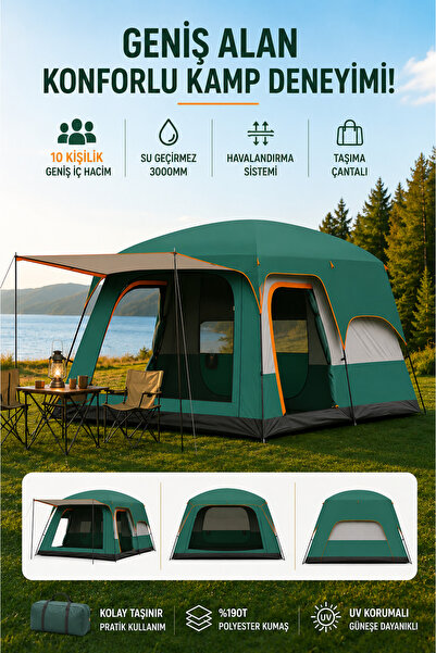Realx 10 Kişilik 2 Odalı Geniş Dayanıklı Tenteli Kamp Çadırı 420x305x200 Cm