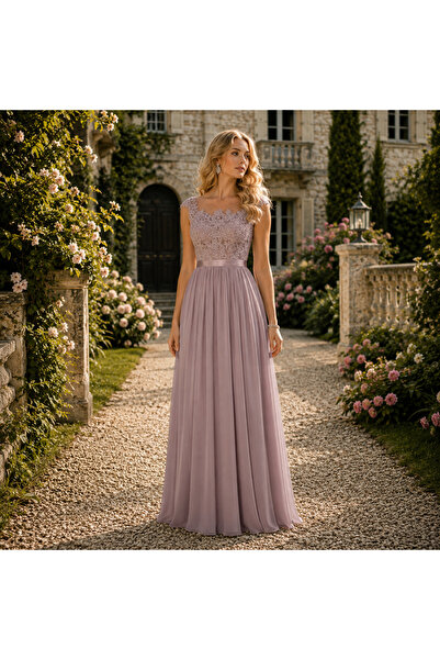 France Mode Rochie de seara bej lunga in clos din voal