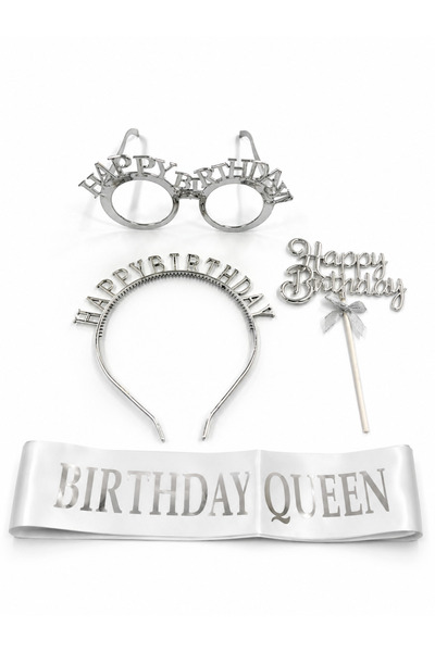 PARTİPORT Birthday Queen Doğum Günü Seti Gümüş Taç Gözlük Sn-2029 Kuşak Pasta...