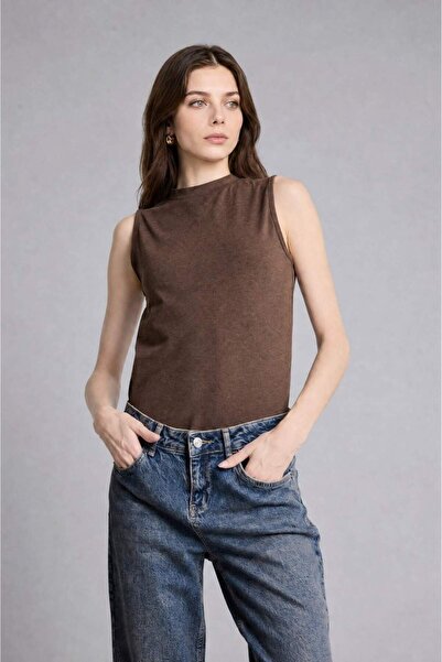 DeFacto Slim Fit Half Turtleneck Combed Cotton Sleeveless Brown Blouse H8040A...