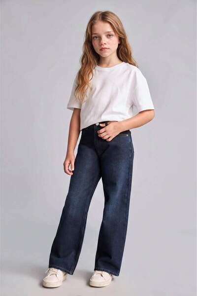 DeFacto 100% Cotton Straight Wide Jean Navy Blue Trousers for Girls H6246A826Au