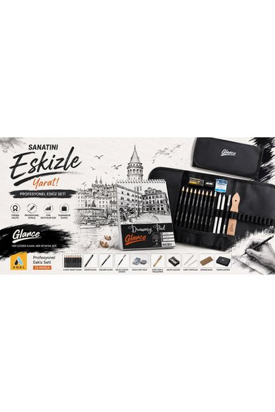 GLANCE Sketch A5 120 gr مجموعة من 8 أقلام رصاص سوداء متدرجة - 24 حجرة ومجموعة مقلمة