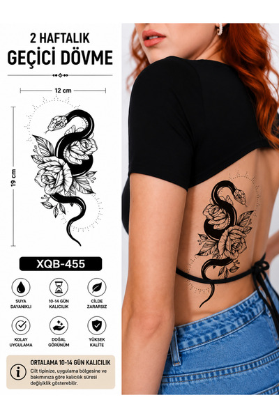 medink tattoo Gerçekci Yılan ve Gül Geçici Dövme Göğüs Sırt Özel Bölge Geçici...