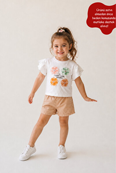 Eray Kids Girls' Floral Patterned Printed Ruffle Sleeve Casual Shorts Set