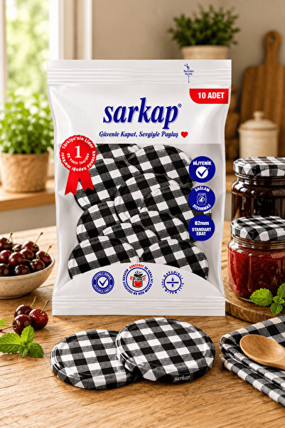 Sarkap Hijyenik Paketli 10 Adet Kavanoz Kapağı - Siyah Kuşak Ekose - 82mm