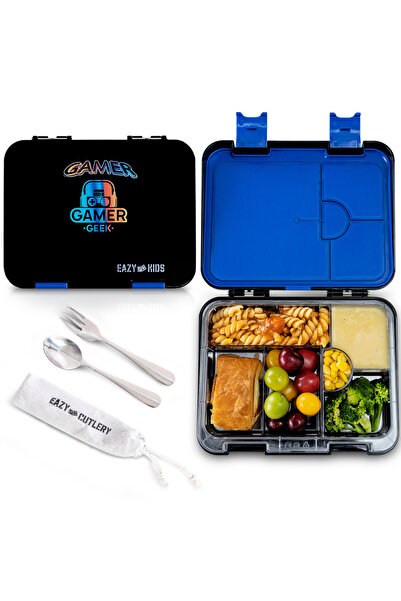 Eazy Kids 6 & 4 Convertible Bento Lunch Box w/Steel Spoon & Fork Set - Gamer ...