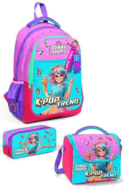 Coral High Kids Pink Turquoise K-Pop Patterned 3-Piece School Bag Set Set 011...