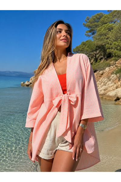 armonika Kadın Turuncu Çizgili Önden Bağlamalı Kimono Gömlek ARM-25Y001085