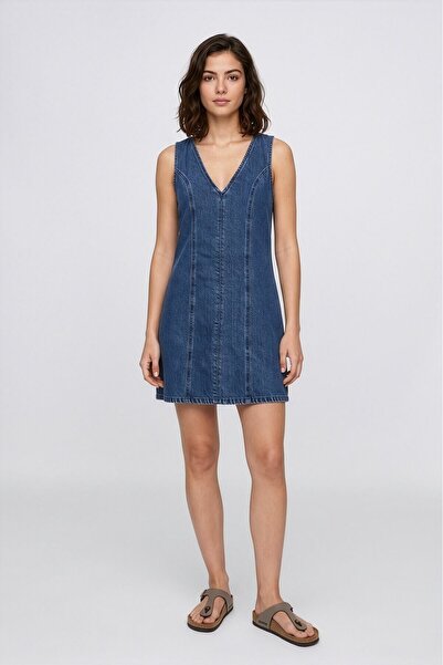 blue white Women's V-Neck Sleeveless Blue Mini Denim Dress