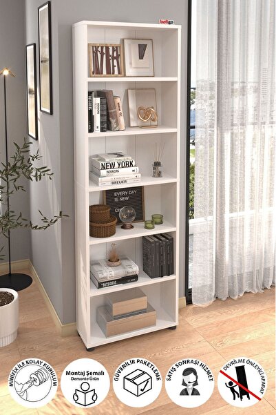 Bofigo 6 Raflı Kitaplık Dekoratif Kitaplık Modern Kitaplık Poyraz Beyaz