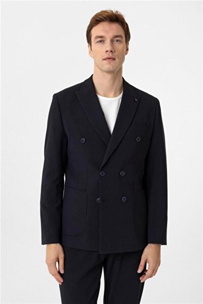 SÜVARİ Lacivert Slim Kruvaze Yaka Düz Torba Cep 6 Drop Takım Elbise