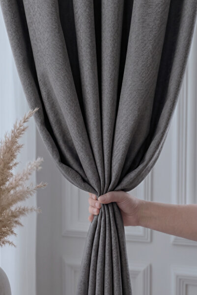 Yuka Gray Velvet Textured Background Curtain Single Panel 1/3 Sik Pile Plain ...