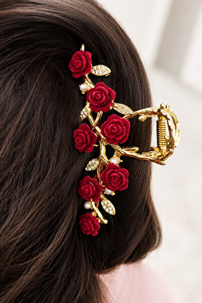 TREND COLLECTİON Red Rose Detailed Gold Metal Hairpin with Stone and Pearl Vi...