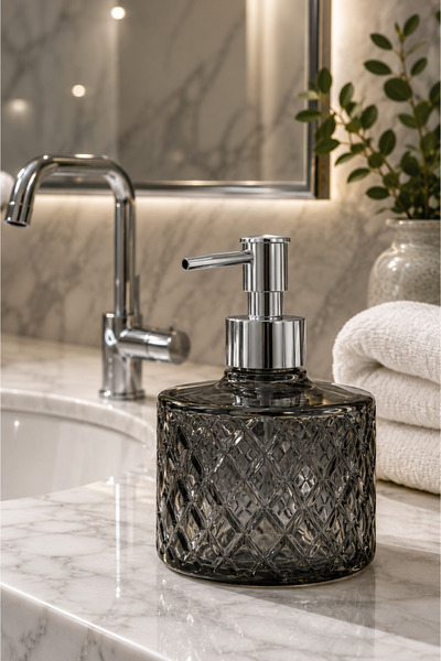 ANGDESİGN FÜME Kristal Cam Sıvı Sabunluk - Füme Modern Lüks Banyo Aksesuarı Dekoratif Sıvı Sabunluk Sabun Dispenseri Banyo & Mutfak İçin Tezgah Üstü Lavabo Bulaşık Deterjanı El Sabunu