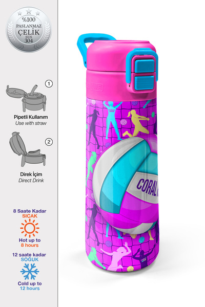 Coral High Kids Pembe Mor Voleybol Desenli Pipetli ve Direkt İçim Çelik Termo...